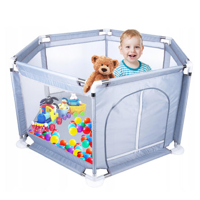 Tarc de joaca pentru copii, centru de activitati cu plasa de protectie si usa cu fermoar, 128x113x65cm, gri
